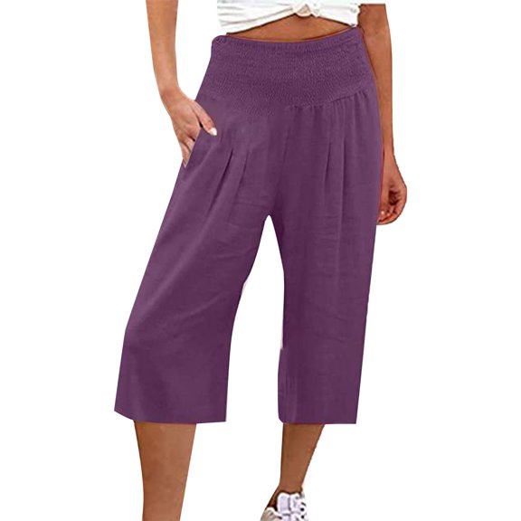 Women'S Cotton And Linen Solid Elastic Waist Cropped High Waist Casual Pants Sweatpants