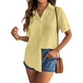 thumbnail image 1 of Women'S Cotton Button Shirt Rolled Hem Short Sleeve Shirt Women'S Summer Casual V Neck Beach Cotton Top Yellow XXXL, 1 of 6
