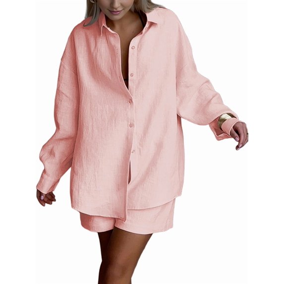 Women'S Cotton Cardigan Long Sleeve Top and Shorts Set Minimalist Solid Color Loungewear Outfit Light Pink L