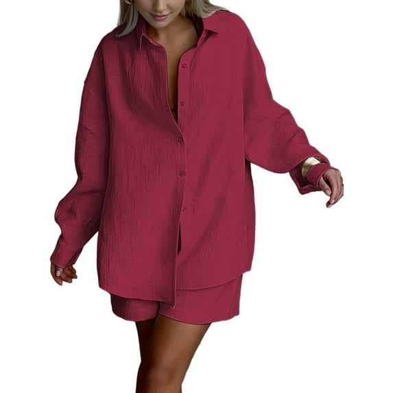 Women'S Cotton Cardigan Long Sleeve Top and Shorts Set Minimalist Solid Color Loungewear Outfit Wine Red M