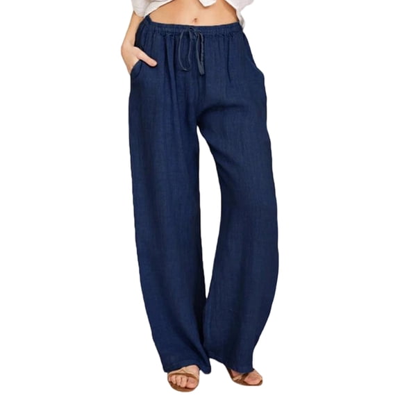 Women'S Cotton Linen Drawstring High Waisted Pants Casual Loose Fit Wide Leg Trousers Dark Blue S