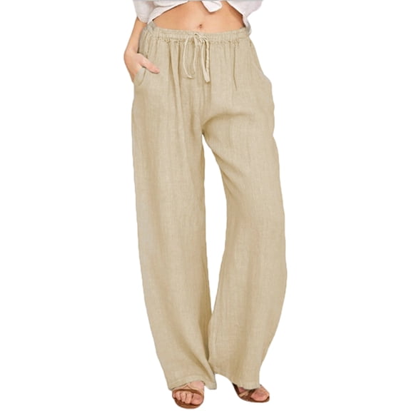 Women'S Cotton Linen Drawstring High Waisted Pants Casual Loose Fit Wide Leg Trousers Khaki M