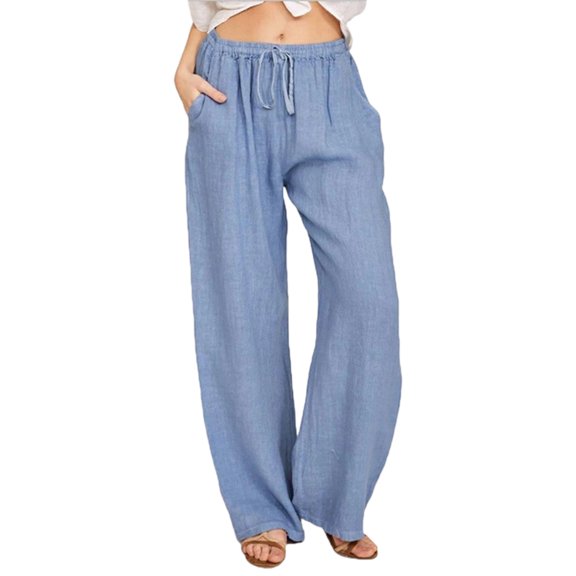 Women'S Cotton Linen Drawstring High Waisted Pants Casual Loose Fit Wide Leg Trousers Light Blue L