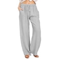 thumbnail image 1 of Women'S Cotton Linen Drawstring High Waisted Pants Casual Loose Fit Wide Leg Trousers Light Gray L, 1 of 7