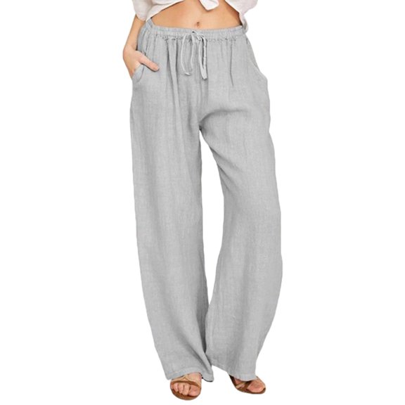 Women'S Cotton Linen Drawstring High Waisted Pants Casual Loose Fit Wide Leg Trousers Light Gray XXL