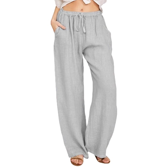 Women'S Cotton Linen Drawstring High Waisted Pants Casual Loose Fit Wide Leg Trousers Light Gray XXL
