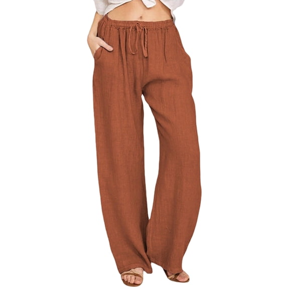 Women'S Cotton Linen Drawstring High Waisted Pants Casual Loose Fit Wide Leg Trousers Orange XL