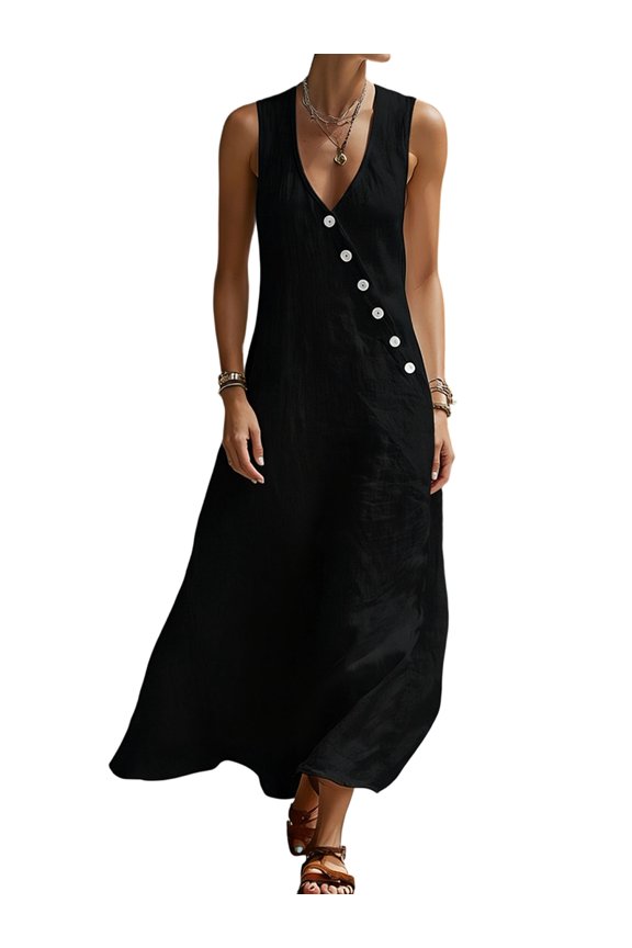 Women'S Cotton Linen Jumpsuits Sleeveless Wide Legs Button Down Rompers with Pockets