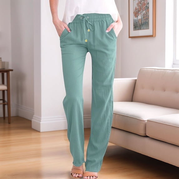 Women'S Cotton Linen Pants Drawstring Light-Weight Summer Fit Straight Leg Lounge Trouser Bean Green M