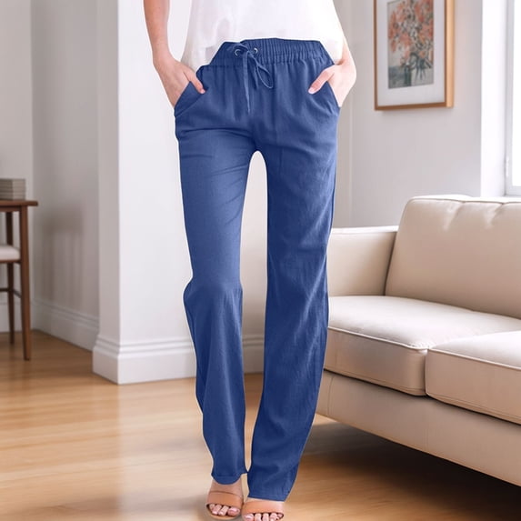 Women'S Cotton Linen Pants Drawstring Light-Weight Summer Fit Straight Leg Lounge Trouser Blue XL