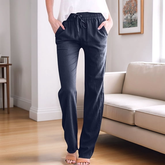 Women'S Cotton Linen Pants Drawstring Light-Weight Summer Fit Straight Leg Lounge Trouser Navy Blue S