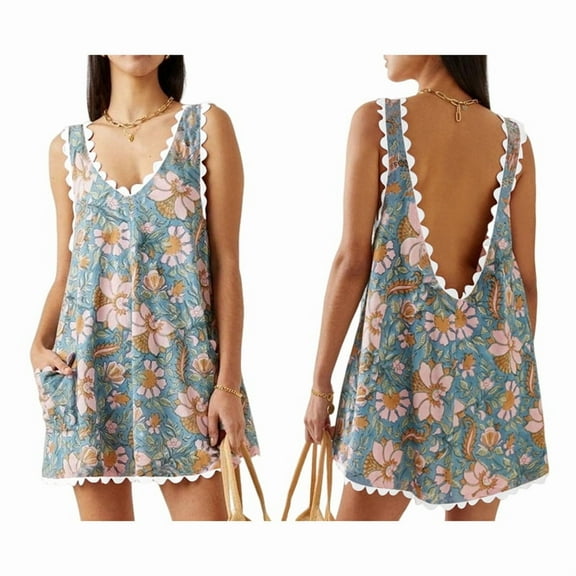 Women'S Cotton Summer Floral 2025 Open Back Square Neck Boho Dresses Sleeveless Tunic Sundress with Pockets Green XXL