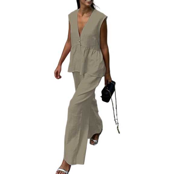 Women'S Cotton V-Neck Sleeveless Tank Top and Pants Set Solid Color Office Two Piece Outfit Khaki L