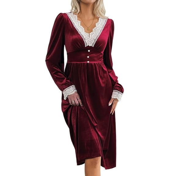 Women'S Court Elegant Vintage Retro Lace Patchwork A Line V-Neck Velvet Gown Formal Dresses