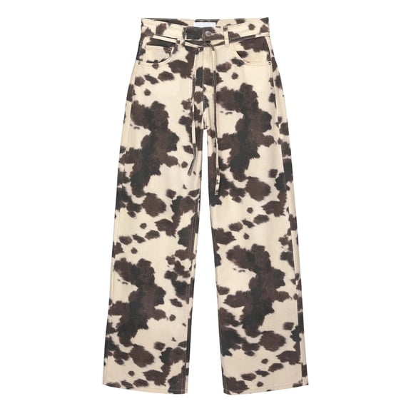 Women'S Cow Print Wide Leg Pants Patched Elastic Waist Casual Loose Trousers Cow Pattern L