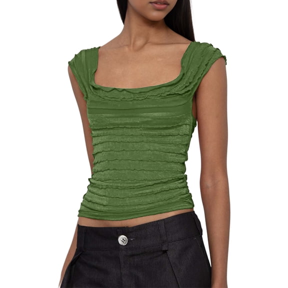 Women'S Cowl Neck Top Sleeveless Ruched Double Lined Crop Top T Shirts Army Green L