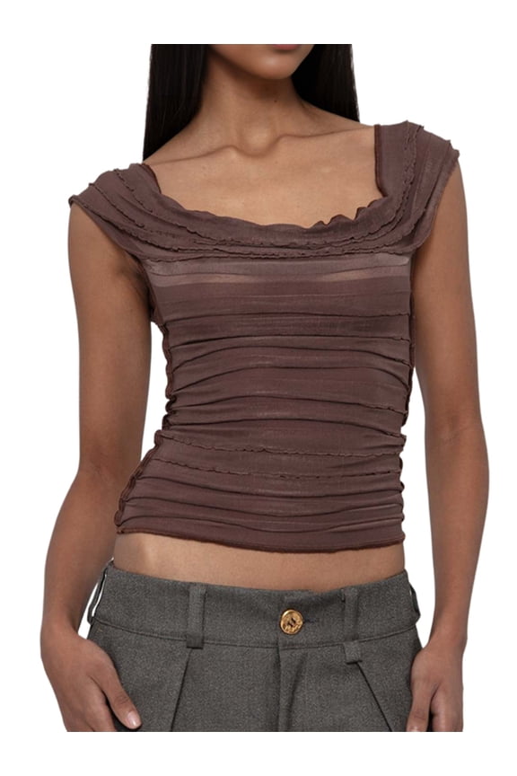 Women'S Cowl Neck Top Sleeveless Ruched Double Lined Crop Top T Shirts Brown L