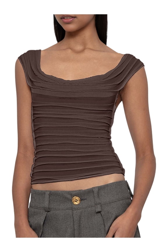 Women'S Cowl Neck Top Sleeveless Ruched Double Lined Crop Top T Shirts Brown M