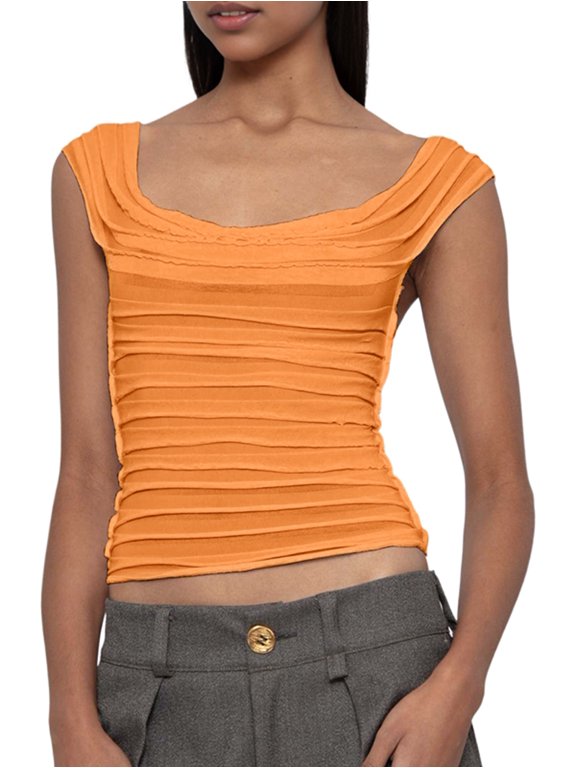 Women'S Cowl Neck Top Sleeveless Ruched Double Lined Crop Top T Shirts Orange-Red S