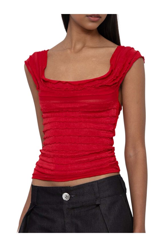 Women'S Cowl Neck Top Sleeveless Ruched Double Lined Crop Top T Shirts Red M