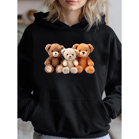 Women'S Cozy Bear Print Hooded Sweatshirt with Kangaroo Pocket - Soft Blend Pullover, Cute Bear Face Design, Machine Washable Long Sleeve Casual Winter Sweater for Fall & Winter, Brown/Beige/Black/Gr
