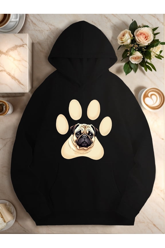 Women'S Cozy Black Pug Face & Paw Print Hoodie - Cute Dog Lover Sweatshirt with Kangaroo Pocket, Soft Warm Long Sleeve Pullover for Fall Winter, Casual All-Season Pet-Themed Apparel, Playful Graphic