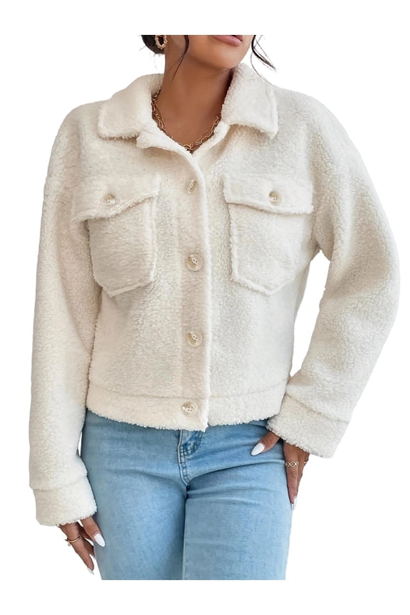 Women'S Cozy Fleece Shirt Jacket Oversized White L