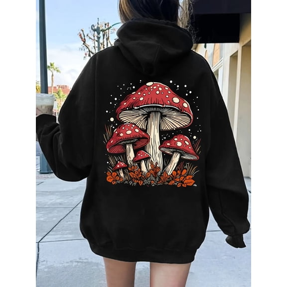 Women'S Cozy Mushroom Print Hooded Sweatshirt - Red & White Mushroom Design, Soft Warm Pullover Hoodie with Kangaroo Pocket, Machine Washable Casual Winter Sweater for Fall and Winter