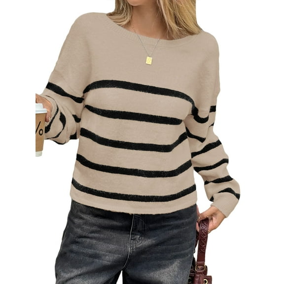 Women'S Crew Neck Cropped Sweater Fall Long Sleeve Chunky Knit Pullover Sweater Tops Khaki & Black M