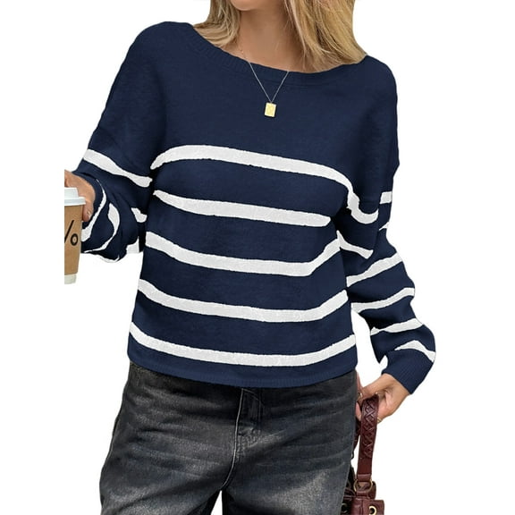 Women'S Crew Neck Cropped Sweater Fall Long Sleeve Chunky Knit Pullover Sweater Tops Navy Blue&White L