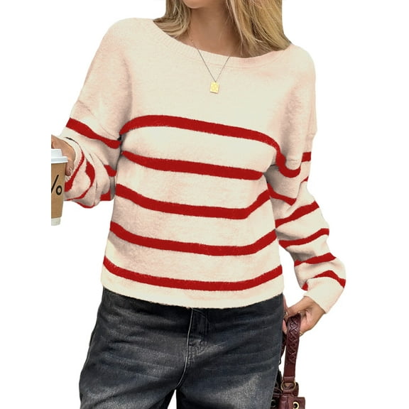 Women'S Crew Neck Cropped Sweater Fall Long Sleeve Chunky Knit Pullover Sweater Tops Red Apricot M