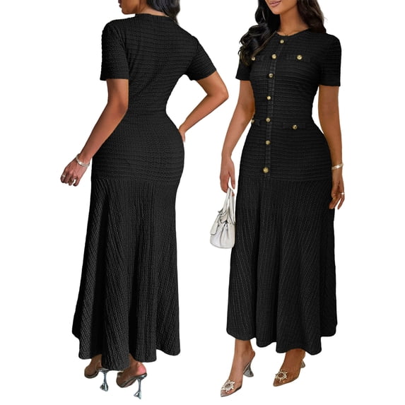 Women'S Crew Neck Dress Button Down Dresses Long Bodycon Knit Dress Black S