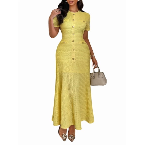 Women'S Crew Neck Dress Button Down Dresses Long Bodycon Knit Dress Yellow M