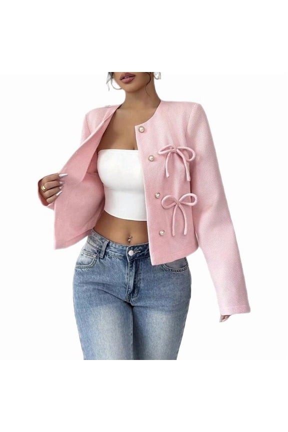 Women'S Crew Neck Jacket Button Down Long Sleeve Dressy Coat Jackets Pink S