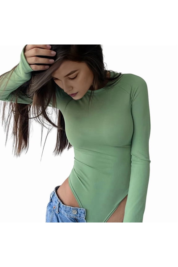 Women'S Crew Neck Long Sleeve Bodysuit Second-Skin Feel Tops Light Green S