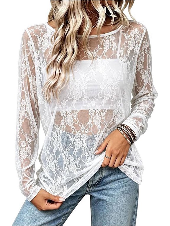 Women'S Crew Neck Mesh Hollow-Out Lace Slim Fit Long Sleeve Layering Base Top White L