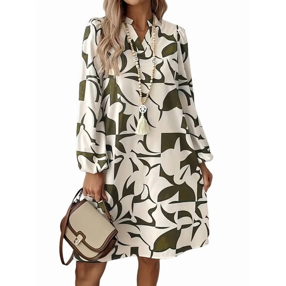 Women'S Crew Neck Midi Dresses Long Sleeves Flowy Fall Winter Swing Flare Dress Olive Color XL