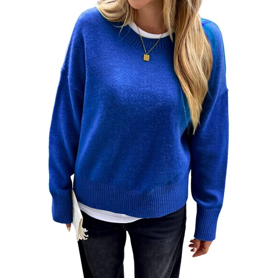 Women'S Crew Neck Pullover Sweaters, Long Sleeve Knit Tops with Fake Two-Piece Design for Fall Winter Blue XL