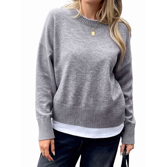 Women'S Crew Neck Pullover Sweaters, Long Sleeve Knit Tops with Fake Two-Piece Design for Fall Winter Dark Gray S