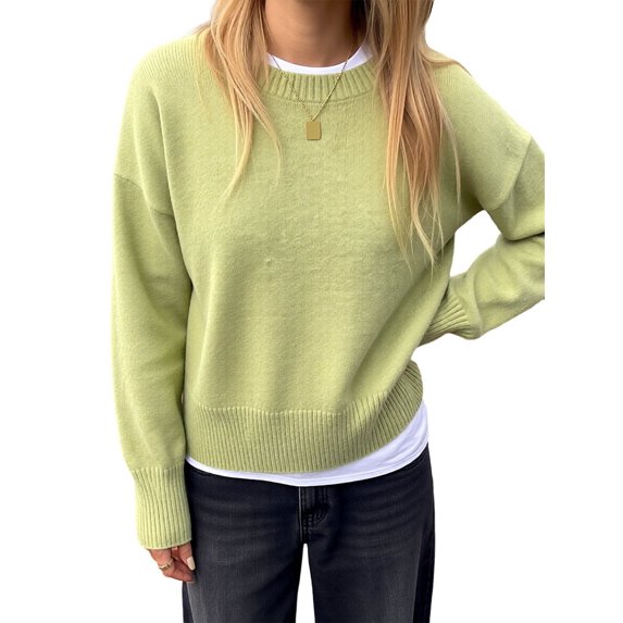 Women'S Crew Neck Pullover Sweaters, Long Sleeve Knit Tops with Fake Two-Piece Design for Fall Winter Yellow-Green L