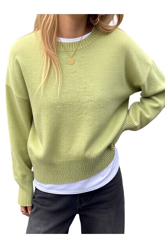 Women'S Crew Neck Pullover Sweaters, Long Sleeve Knit Tops with Fake Two-Piece Design for Fall Winter