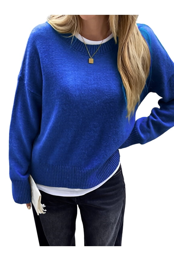 Women'S Crew Neck Pullover Sweaters, Long Sleeve Knit Tops with Fake Two-Piece Design for Fall and Winter