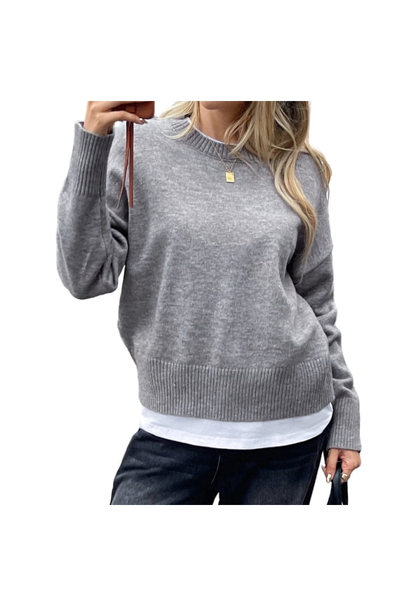 Women'S Crew Neck Pullover Sweaters, Long Sleeve Knit Tops with Fake Two-Piece Design for Fall and Winter