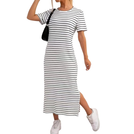 Women'S Crew Neck Short Sleeve All-over Striped Side Split Loose Midi Casual Dress Black & White L