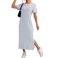 thumbnail image 1 of Women'S Crew Neck Short Sleeve All-over Striped Side Split Loose Midi Casual Dress Blue & White. L, 1 of 7