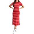 thumbnail image 1 of Women'S Crew Neck Short Sleeve All-over Striped Side Split Loose Midi Casual Dress Deep Red L, 1 of 6
