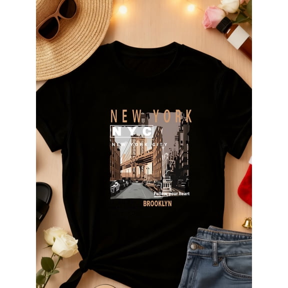Women'S Crew Neck Short Sleeve T-Shirt, Brooklyn Bridge Print, 3 Colors, Daily Casual Wear