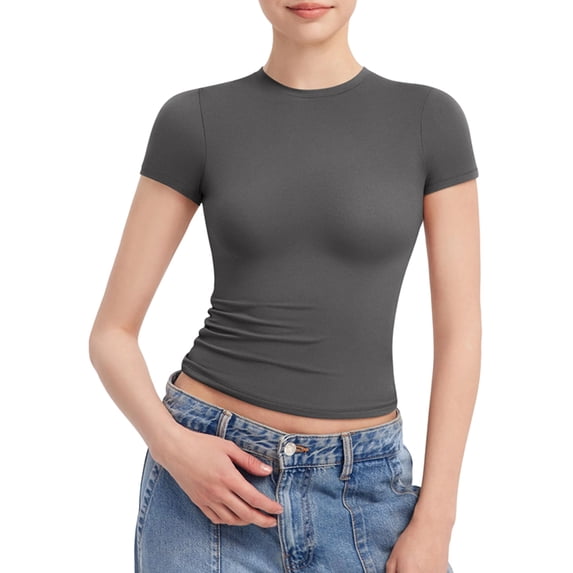 Women'S Crew Neck Short Sleeve Tops Slim Fit T Shirts Basic Tee Crop Tops Workout Y2k Clothes Dark Gray M