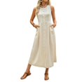 thumbnail image 1 of Women'S Crew Neck Solid Color Sleeveless Button Down Boho Dress Beige XL, 1 of 9