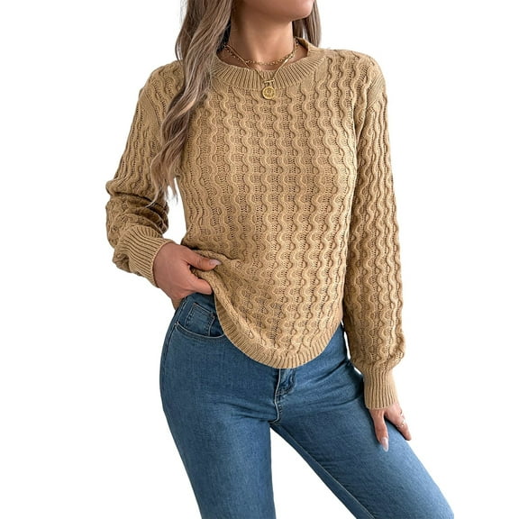 Women'S Crew Neck Solid Color Sweater Casual Warm Pullover Long Lantern Sleeve Tops Khaki L